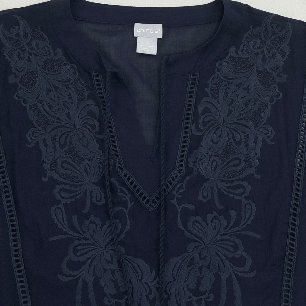 Chicos Tunic Top Womens Size 1 Navy Embroidered Semi‎ Sheer V Neck Resort Wear - Picture 3 of 8